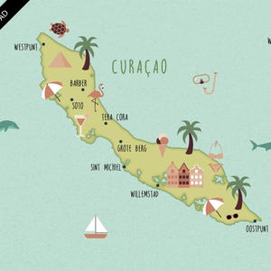 Illustrierte Karte von Curacao Kunstdruck Poster Reisekarte digitaler Download