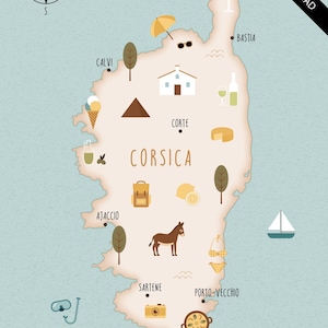 Illustrated map of Corsica art print poster travel map digital download