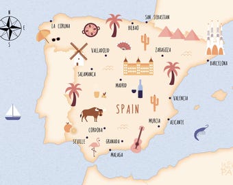 Carte illustrée de l'Espagne, affiche d'art, carte de voyage
