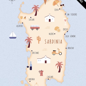 Illustrated map of Sardinia art print poster travel map digital download