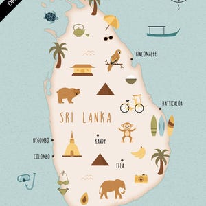 Może przedstawiać: Kolorowa, ilustrowana mapa Sri Lanki z ikonami przedstawiającymi różne miejsca i zajęcia. Mapa przedstawia miasta takie jak Colombo, Kandy, Galle i Ella. Ikony obejmują czajnik, małpę, rower, deskę surfingową i wieloryba.