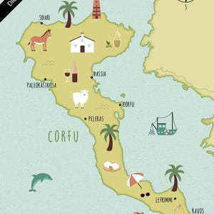 May include: Digital download map of Corfu, Greece, featuring illustrations of local landmarks and icons. Includes a compass rose, a donkey, a lighthouse, a boat, and a dolphin. The map is in shades of green, beige, and blue.