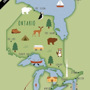Op de afbeelding: Een digitaal geïllustreerde kaart van Ontario, Canada, met bezienswaardigheden en iconen. Bevat een kompasroos, walvis, ijsbeer en diverse dieren. De tekst "DIGITAL DOWNLOAD" staat linksboven. Steden als Toronto en Ottawa zijn gelabeld.