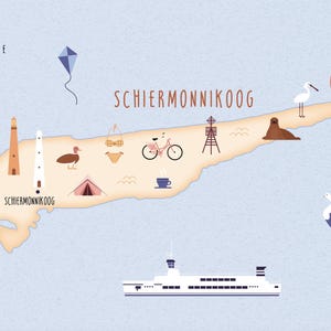 Carte illustrée de Schiermonnikoog, affiche d'art, carte de voyage
