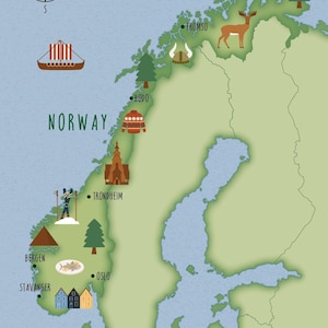 Mappa illustrata della Norvegia, stampa artistica, poster, mappa di viaggio