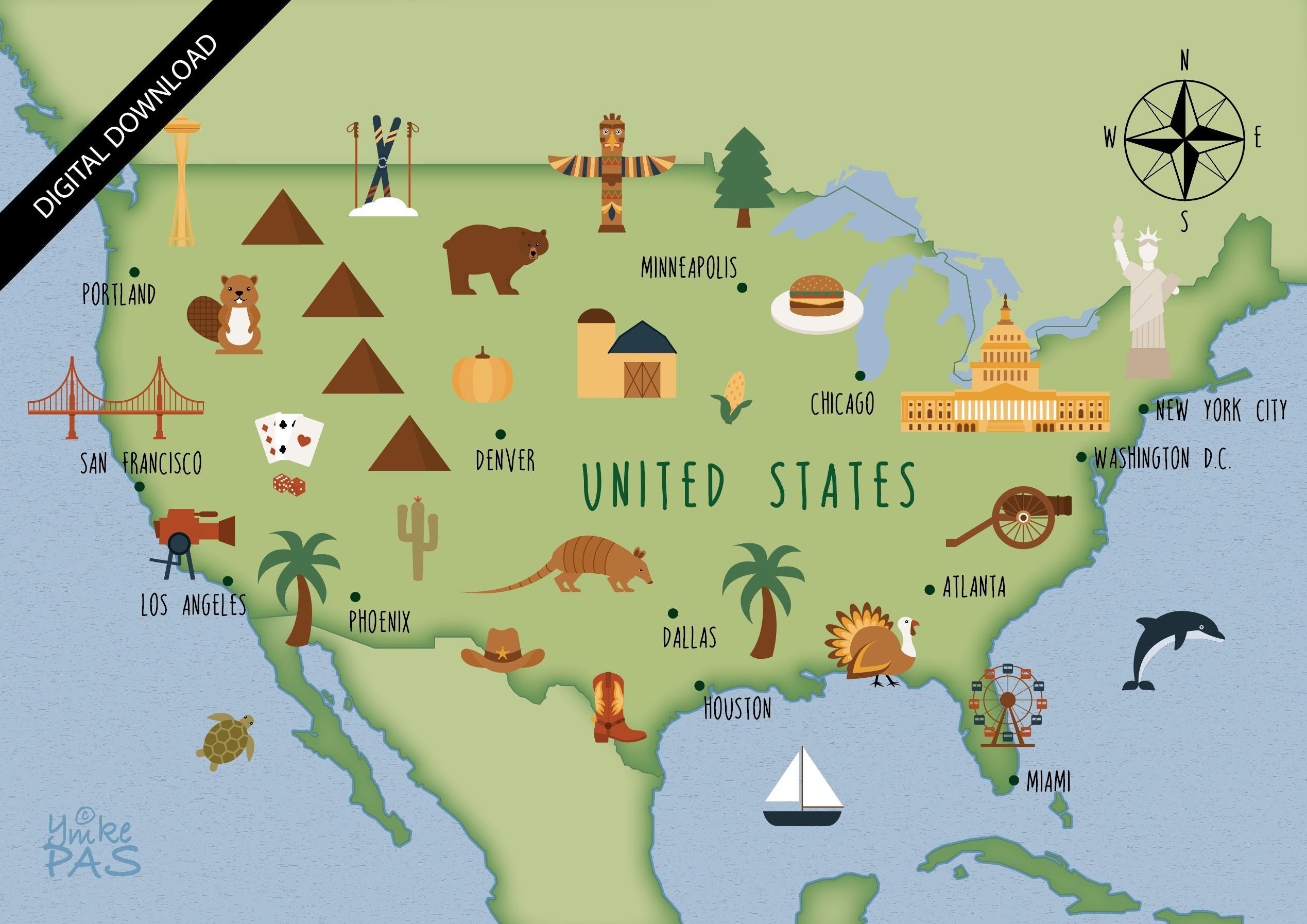 Pretty Us Map Illustrated Map of United States Art Print Poster Travel Map Digital ...
