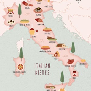 Postal de platos italianos, Italia, paquete de 5 postales A6, mapa ilustrado de platos italianos