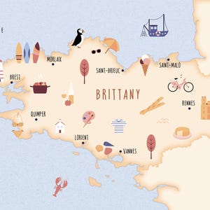 Postal da Bretanha, pacote de 5 postais A6, mapa ilustrado da Bretanha