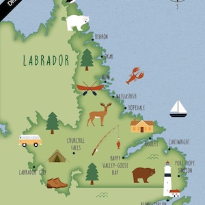 May include: A digital download map of Labrador featuring a light green landmass on a blue background. The map includes illustrations of a puffin, polar bear, moose, bear, lobster, sailboat, canoe, fishing rod, tent, van, boots, and a lighthouse.