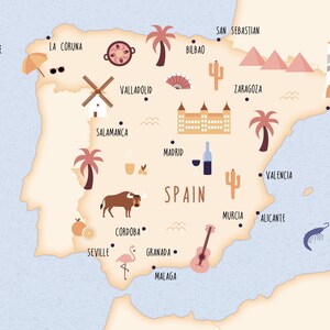 Cartolina Spagna, confezione da 5 cartoline A6, mappa illustrata della Spagna
