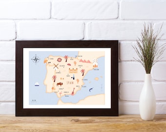 Illustrated map of Spain art print poster travel map digital download