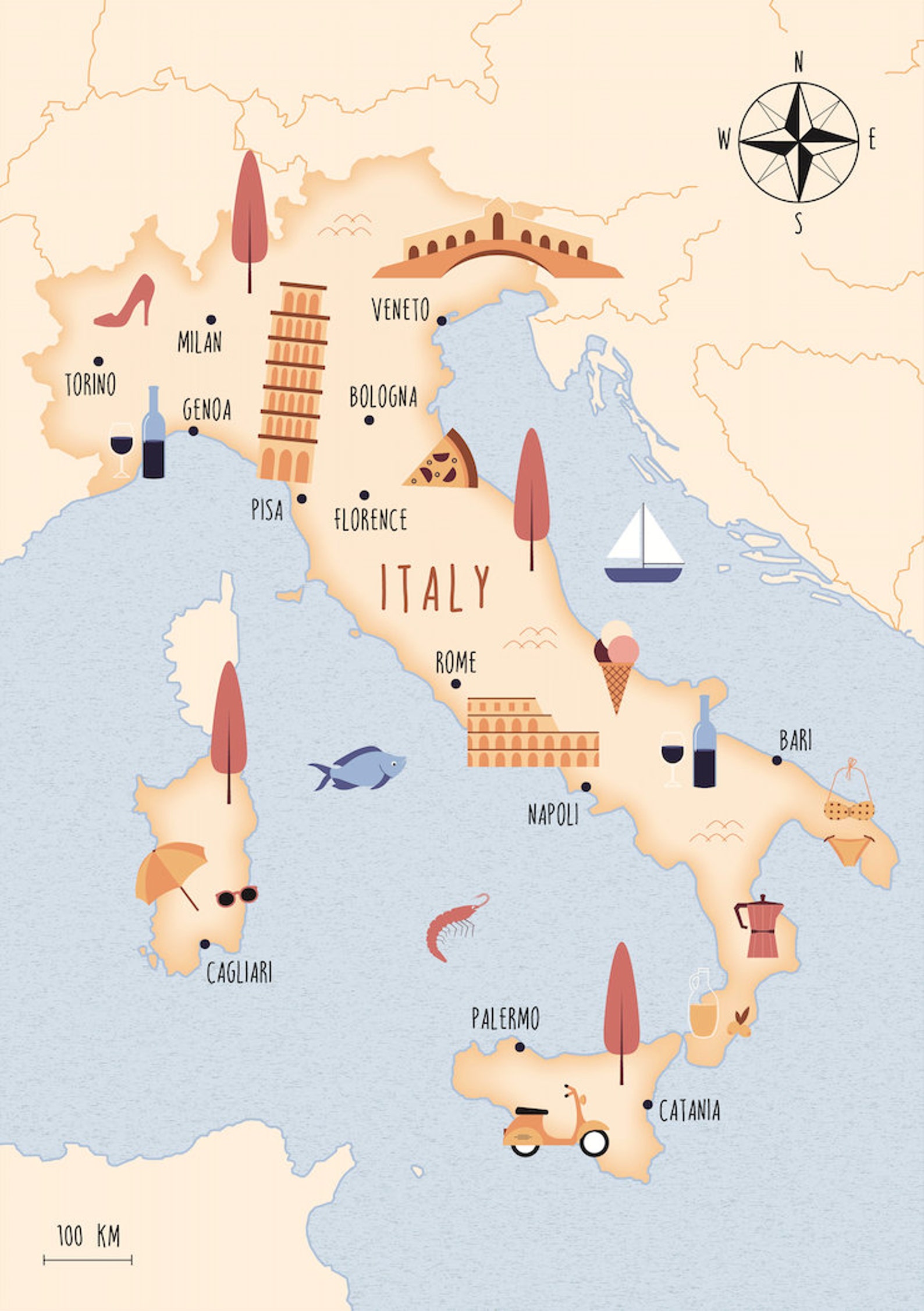 Illustrated Map of Italy Art Print Poster Travel Map Digital - Etsy