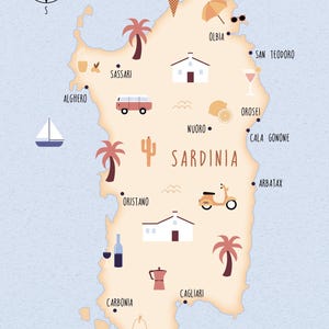 Carte illustrée de la Sardaigne, affiche d'art, carte de voyage