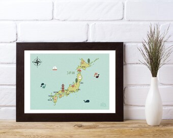 Illustrated Map of Japan Art Print Poster Travel Map Digital