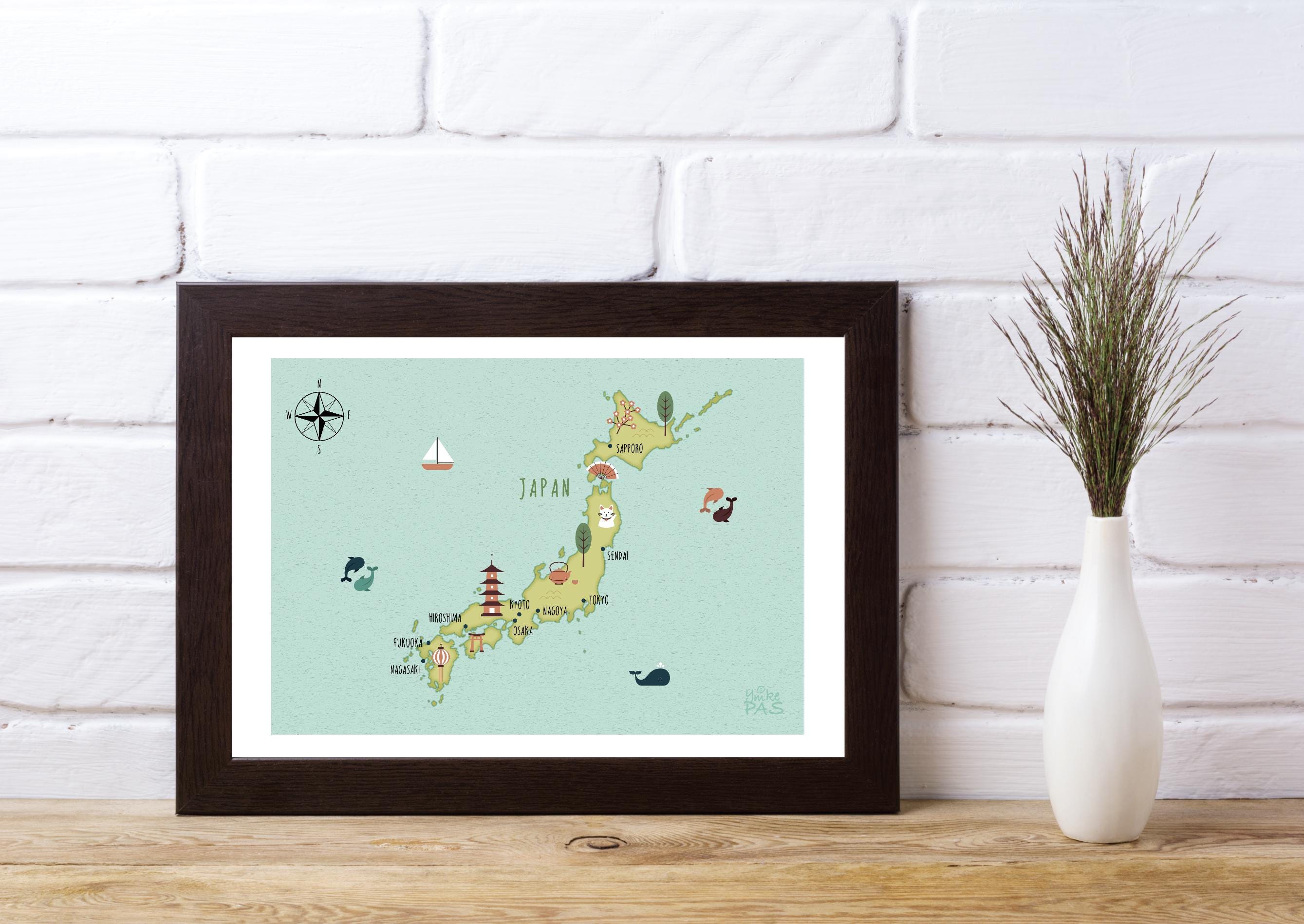 Illustrated Map of Japan Art Print Poster Travel Map Digital