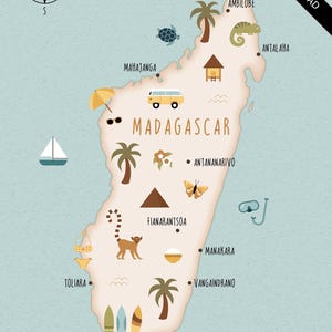 Mappa illustrata del Madagascar stampa artistica poster mappa di viaggio download digitale