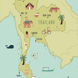 Mapa ilustrado de Tailandia, póster de viaje, impresión artística