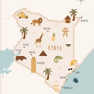 Postal de Kenia, pack de 5 postales A6, mapa ilustrado de Kenia