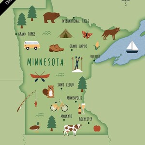 Mappa illustrata del Minnesota, stampa artistica, poster, mappa di viaggio, download digitale