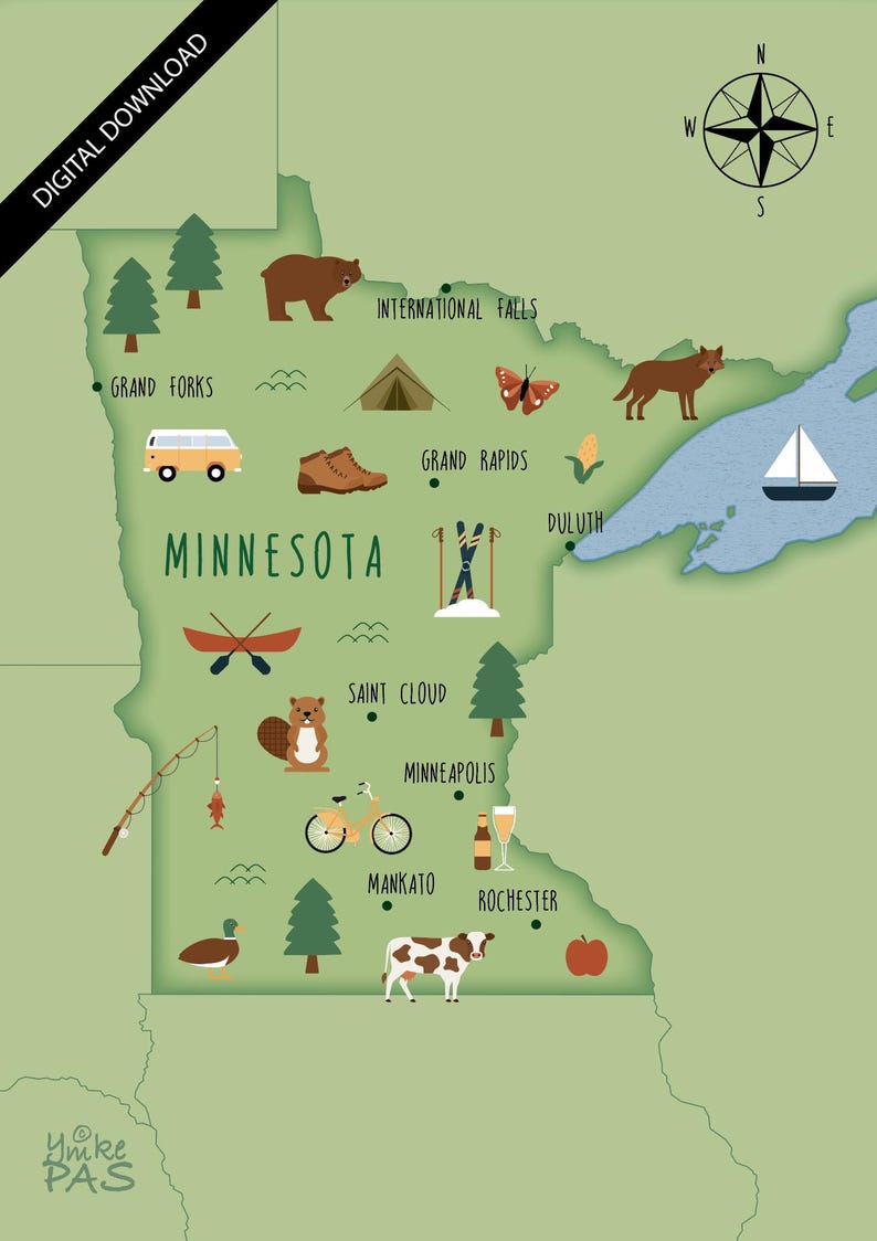 Illustrated Map of Minnesota Art Print Poster Travel Map Digital ...