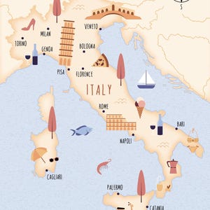 Italien-Postkarte, Packung mit 5 Postkarten A6, illustrierte Karte von Italien