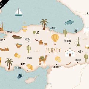 Mapa ilustrado de Turquía, impresión artística, póster, mapa de viaje, descarga digital