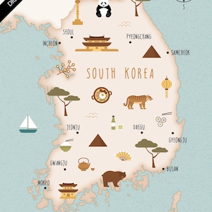 Puede incluir: Un mapa de descarga digital de Corea del Sur con ilustraciones de monumentos, animales y comida. El mapa incluye el texto "South Korea" y nombres de ciudades como Seúl y Busan. Una rosa de los vientos está en la esquina superior derecha.