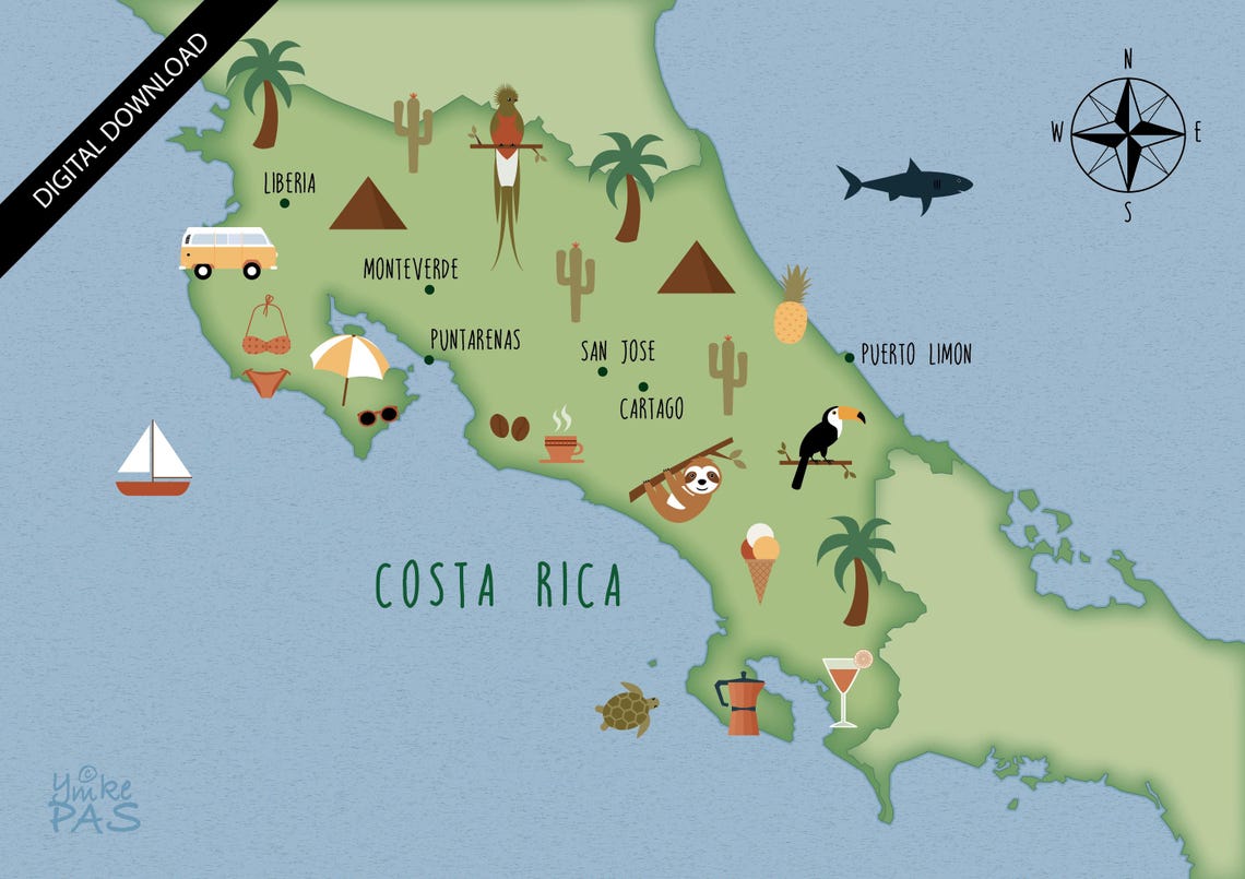 Illustrated Map of Costa Rica Art Print Poster Travel Map Digital ...