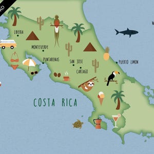 Illustrated map of Costa Rica art print poster travel map digital download