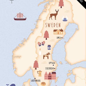 Mapa ilustrado de Suecia arte impresión cartel mapa de viaje descarga digital