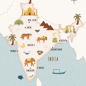 Op de afbeelding: Geïllustreerde kaart van India met bezienswaardigheden en dieren. Toont de Taj Mahal, een tijger, een olifant en een pauw. Steden als New Delhi, Mumbai en Bangalore zijn gemarkeerd. Een kompasroos staat rechtsboven.