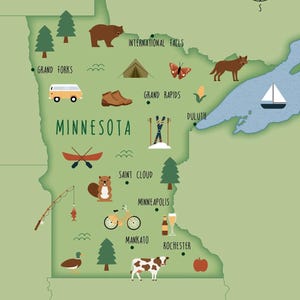 Cartolina del Minnesota, confezione da 5 cartoline A6, mappa illustrata del Minnesota