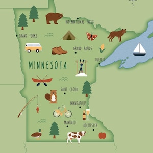 May include: An illustrated map of Minnesota, with icons representing landmarks and activities, including a bear, canoe, and sailboat. The map is in shades of green, with city names and a compass rose. The word "MINNESOTA" is displayed.