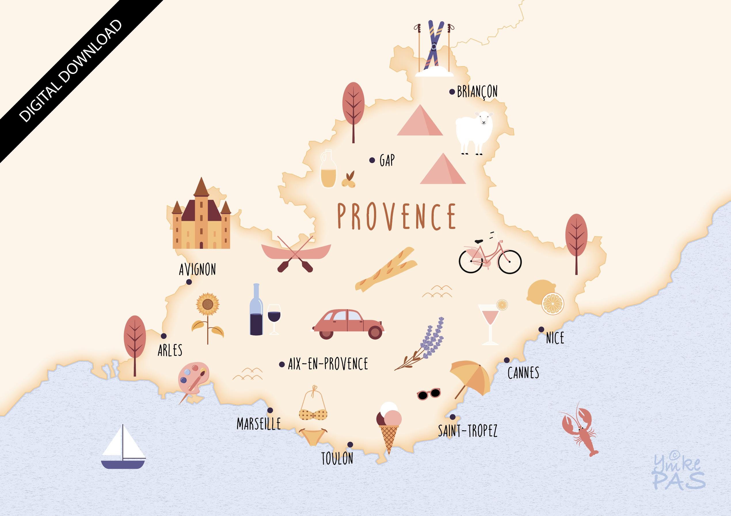 Illustrated Map of Provence Art Print Poster Travel Map Digital ...