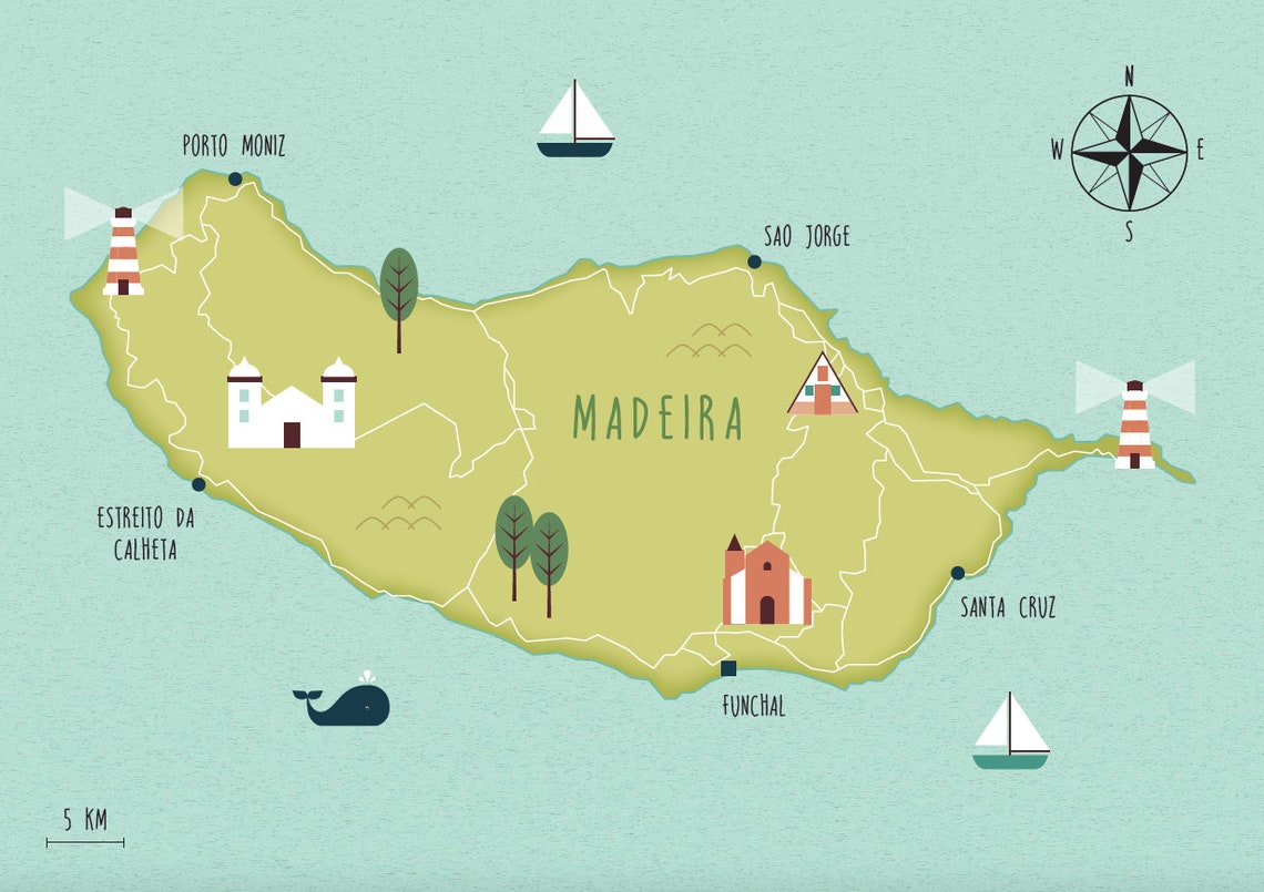 Illustrated Map of Madeira Art Print Poster Travel Map Digital Etsy
