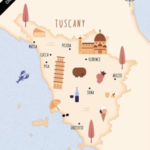 Mapa ilustrado de la Toscana, impresión artística, póster, mapa de viaje, descarga digital