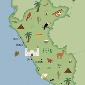 Mapa ilustrado del Perú, impresión artística, póster, mapa de viaje