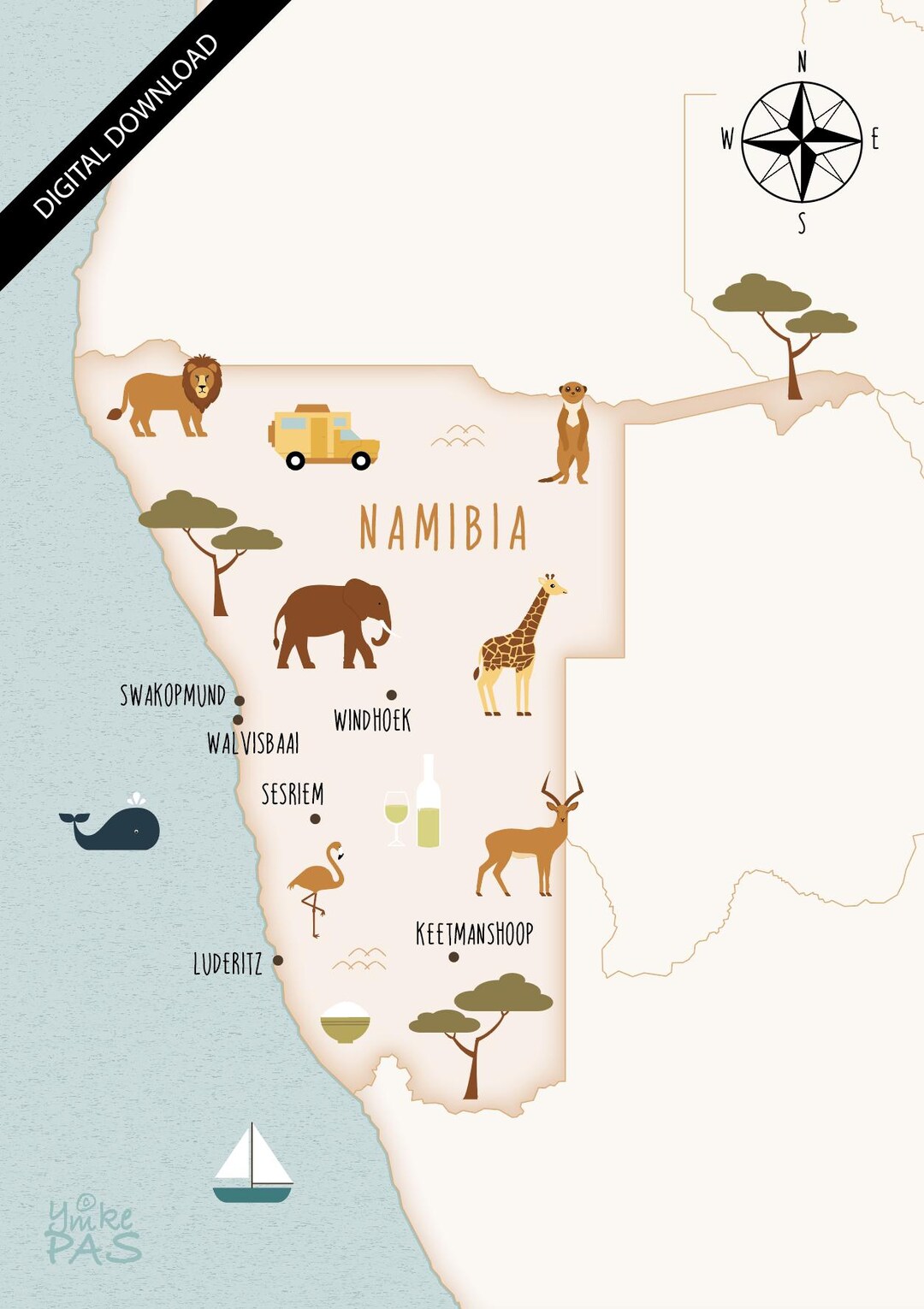 Illustrated Map of Namibia Art Print Poster Travel Map Digital Download ...