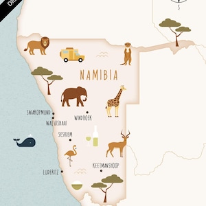 Op de afbeelding: Digitale downloadkaart van Namibië met illustraties van lokale fauna en bezienswaardigheden. De kaart bevat een kompasroos, een walvis, een zeilboot en de tekst "Digital Download".