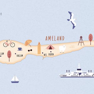 Carte illustrée d'Ameland, affiche d'art, carte de voyage