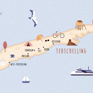 Carte illustrée de Terschelling, affiche d'art, carte de voyage