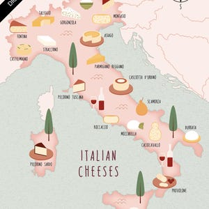 Illustrated map of Italy, Italian cheeses, food, art print, poster, travel map, digital download