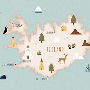 Carte illustrée de l'Islande, affiche d'art, carte de voyage