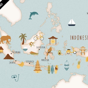 Può includere: Una mappa azzurra dell'Indonesia con il testo DIGITAL DOWNLOAD in un banner nero nell'angolo. La mappa include illustrazioni di un elefante, palme, un delfino, una barca a vela, una scimmia, uno scooter, tavole da surf e icone locali.
