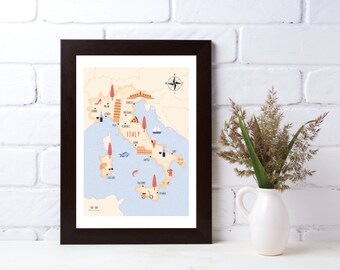 Illustrated map of Italy art print poster travel map digital download