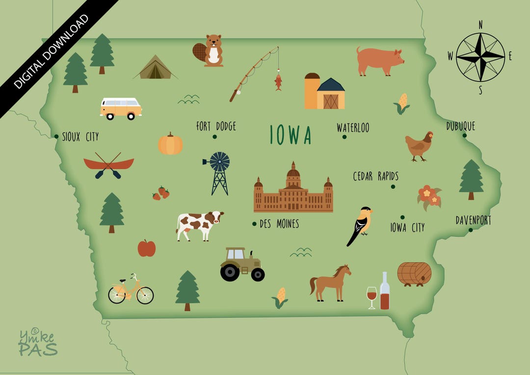 Illustrated Map of Iowa Art Print Poster Travel Map Digital Download - Etsy