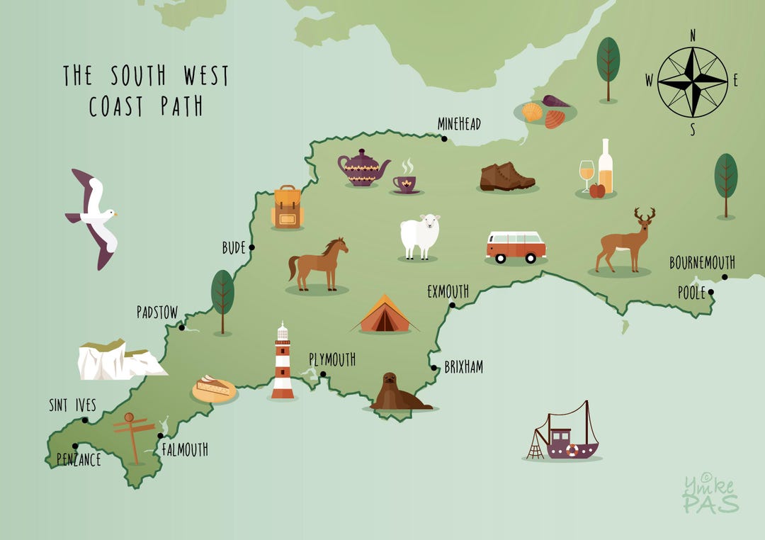 Illustrated Map of South West Coast Path Art Print Walking Route Poster ...