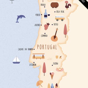 Illustrierte Karte von Portugal Kunstdruck Poster Reisekarte digitaler Download