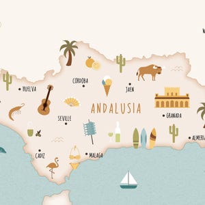Può includere: Mappa illustrata dell'Andalusia, Spagna, con icone che rappresentano città e punti di riferimento. Include una chitarra per Siviglia, un toro per Jaén e una rosa dei venti. La parola "Andalusia" è al centro.