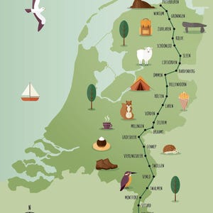 Carte illustrée de l'itinéraire pédestre de Pieterpad, affiche, carte de voyage